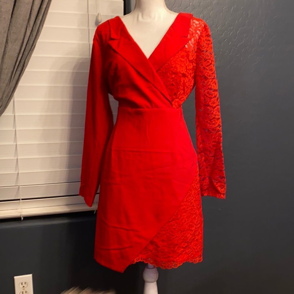 VENUS Red Long Sleeve Lace Wrap Dress